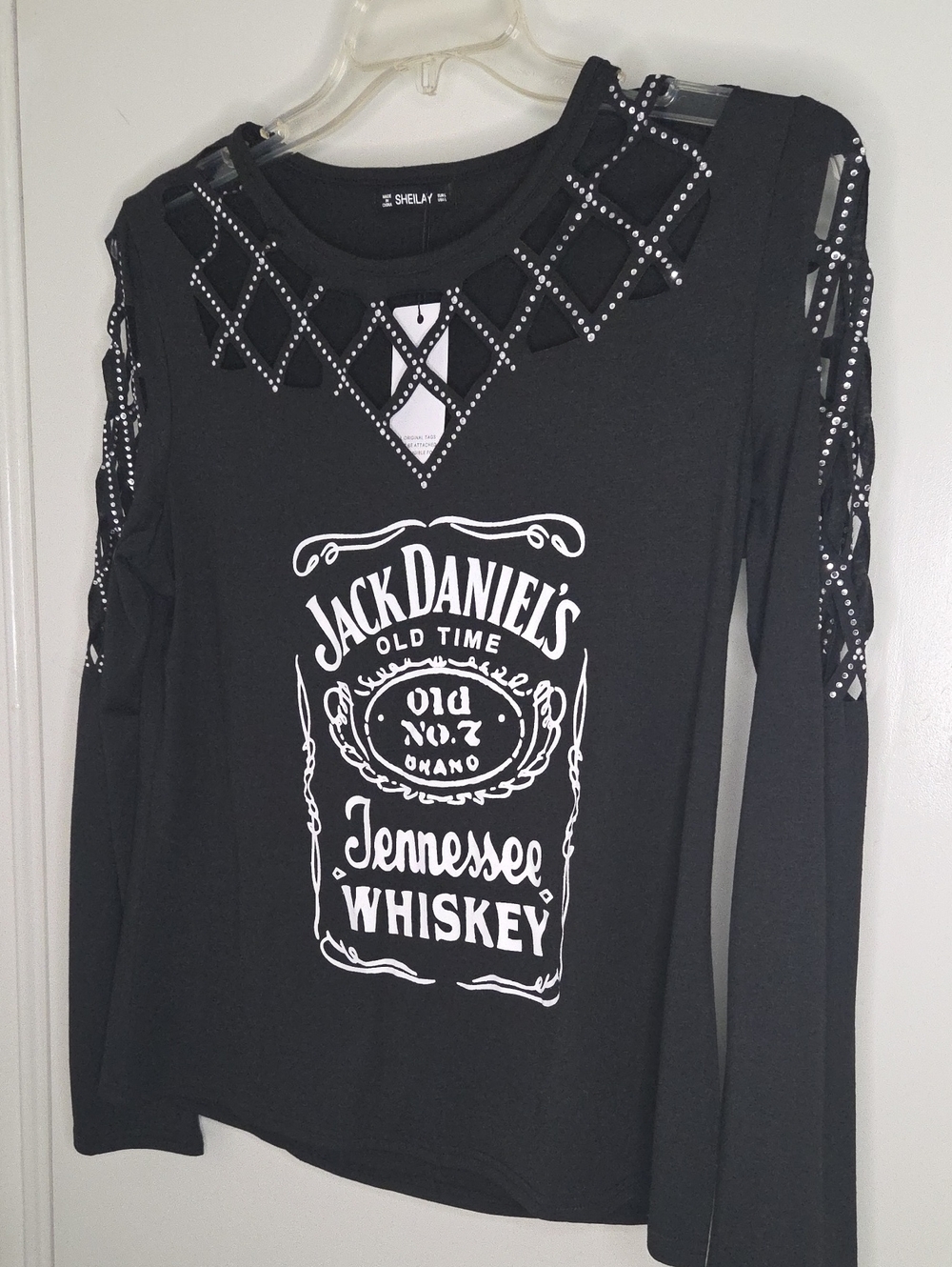 Jack Daniel's-Inspired Black Long Sleeve Tee with Studded Lattice Detail